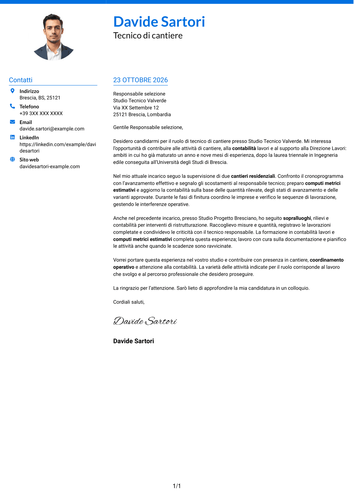 Lettera di presentazione Audace (formato a due colonne con accenti colorati e foto): Tecnico di cantiere - Direzione lavori e contabilità, pagina 1