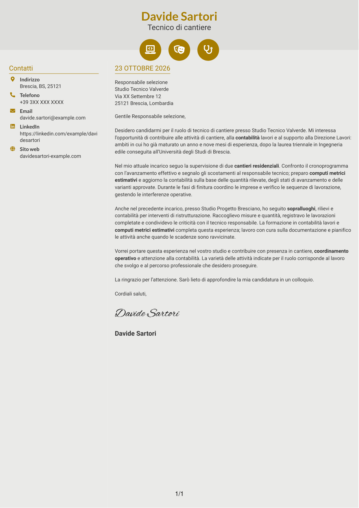 Lettera di presentazione Dinamico (formato a due colonne con icone): Tecnico di cantiere - Direzione lavori e contabilità, pagina 1