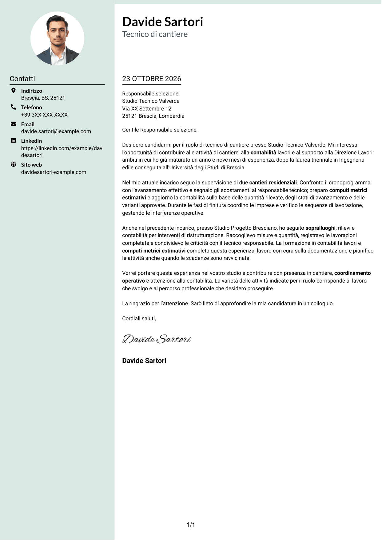 Lettera di presentazione Dirigente (formato con colonna laterale tenue e foto arrotondata): Tecnico di cantiere - Direzione lavori e contabilità, pagina 1