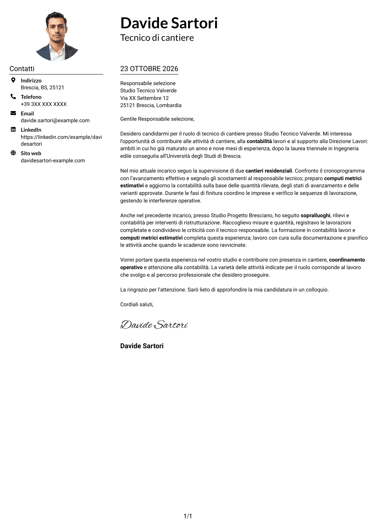 Esempio di lettera di presentazione — pagina 1