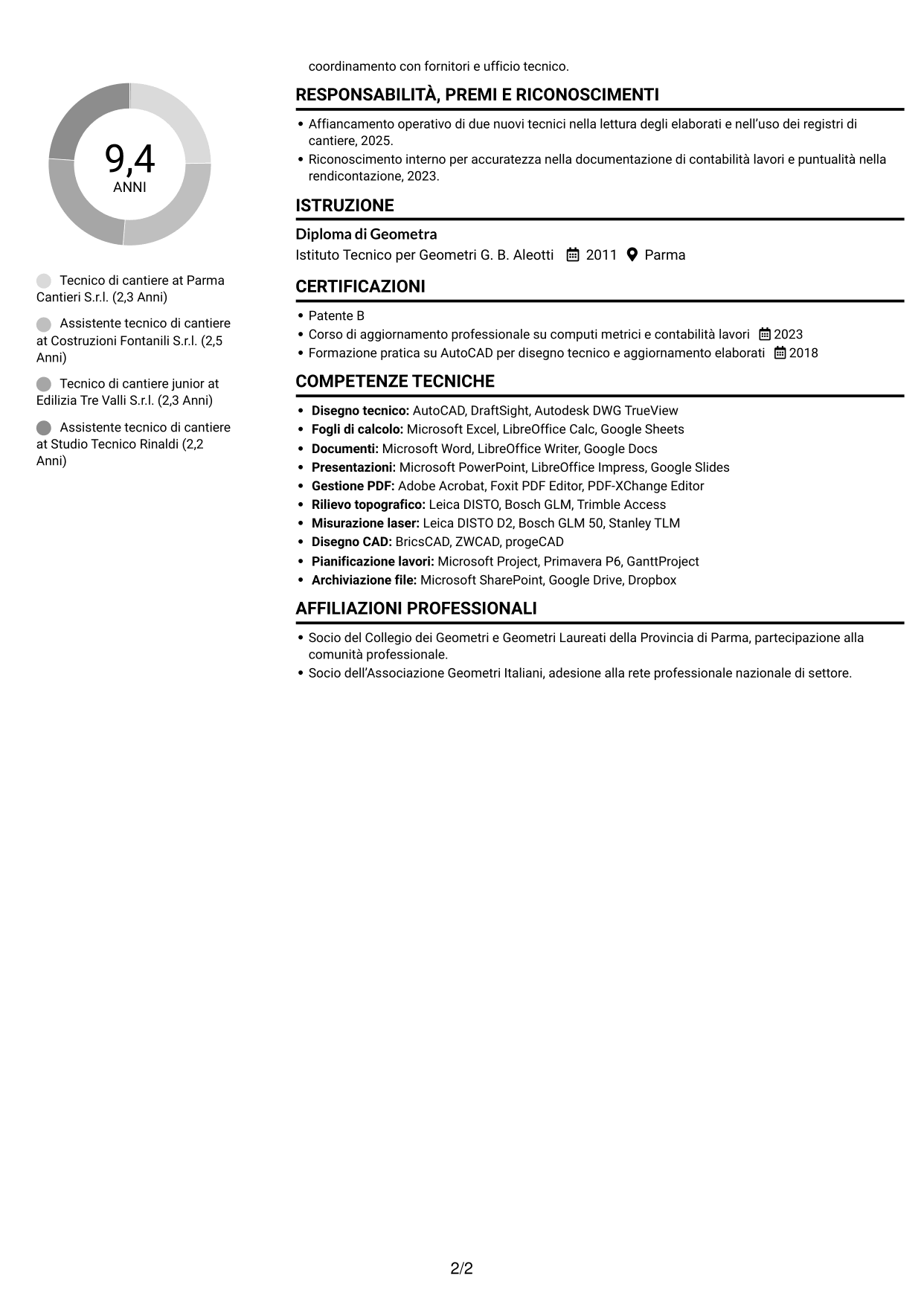 CV Compatto (formato sobrio a due colonne con foto): Tecnico di cantiere - Gestione commesse edili, pagina 2