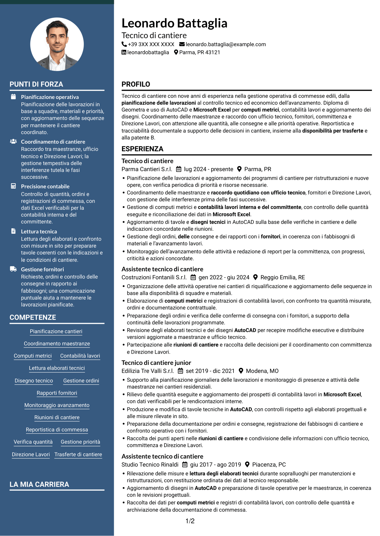 CV Elegante (formato con colonna laterale colorata e foto): Tecnico di cantiere - Gestione commesse edili, pagina 1
