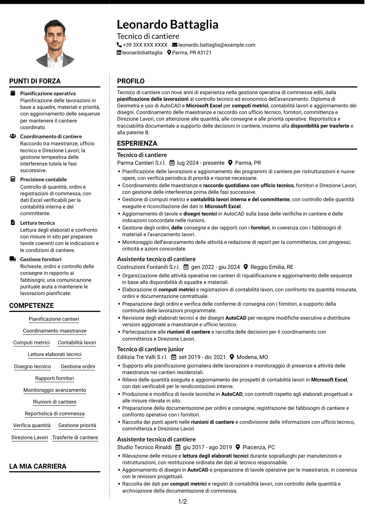 CV Moderno (formato a due colonne con foto a sinistra e separatore): Tecnico di cantiere - Gestione commesse edili, pagina 1