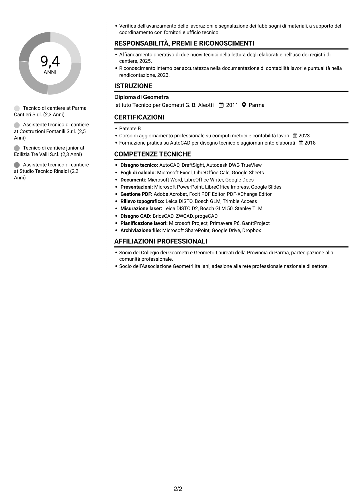 CV Moderno (formato a due colonne con foto a sinistra e separatore): Tecnico di cantiere - Gestione commesse edili, pagina 2