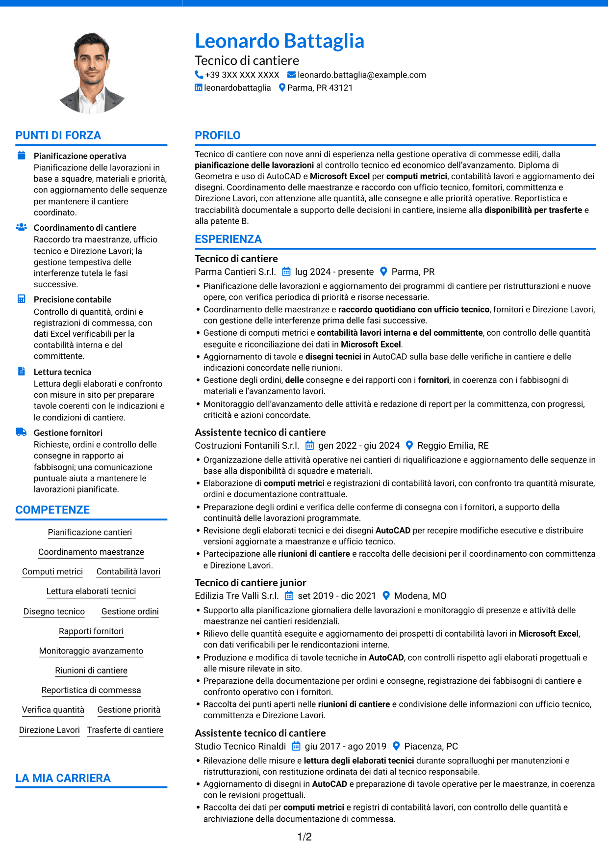 CV Audace (formato a due colonne con accenti colorati e foto): Tecnico di cantiere - Gestione commesse edili, pagina 1