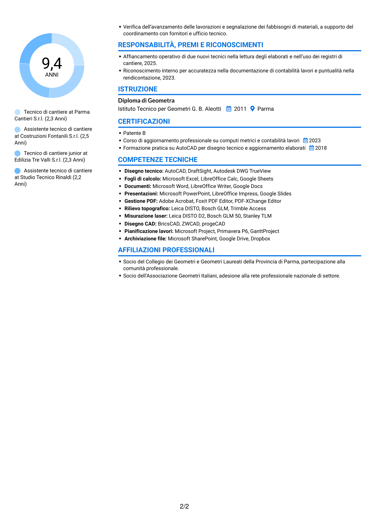 CV Audace (formato a due colonne con accenti colorati e foto): Tecnico di cantiere - Gestione commesse edili, pagina 2