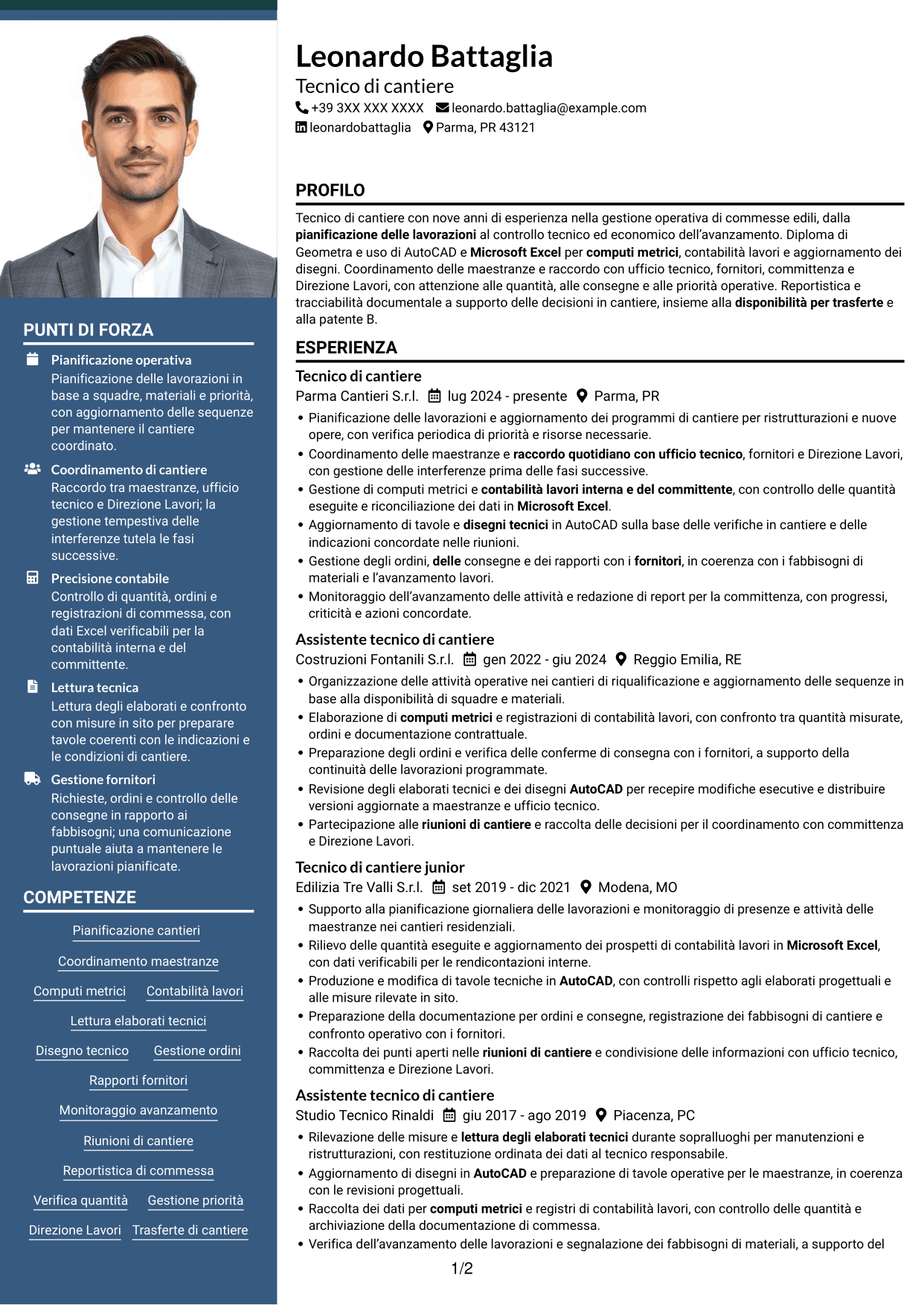 CV Signature (formato con colonna laterale colorata e foto grande): Tecnico di cantiere - Gestione commesse edili, pagina 1
