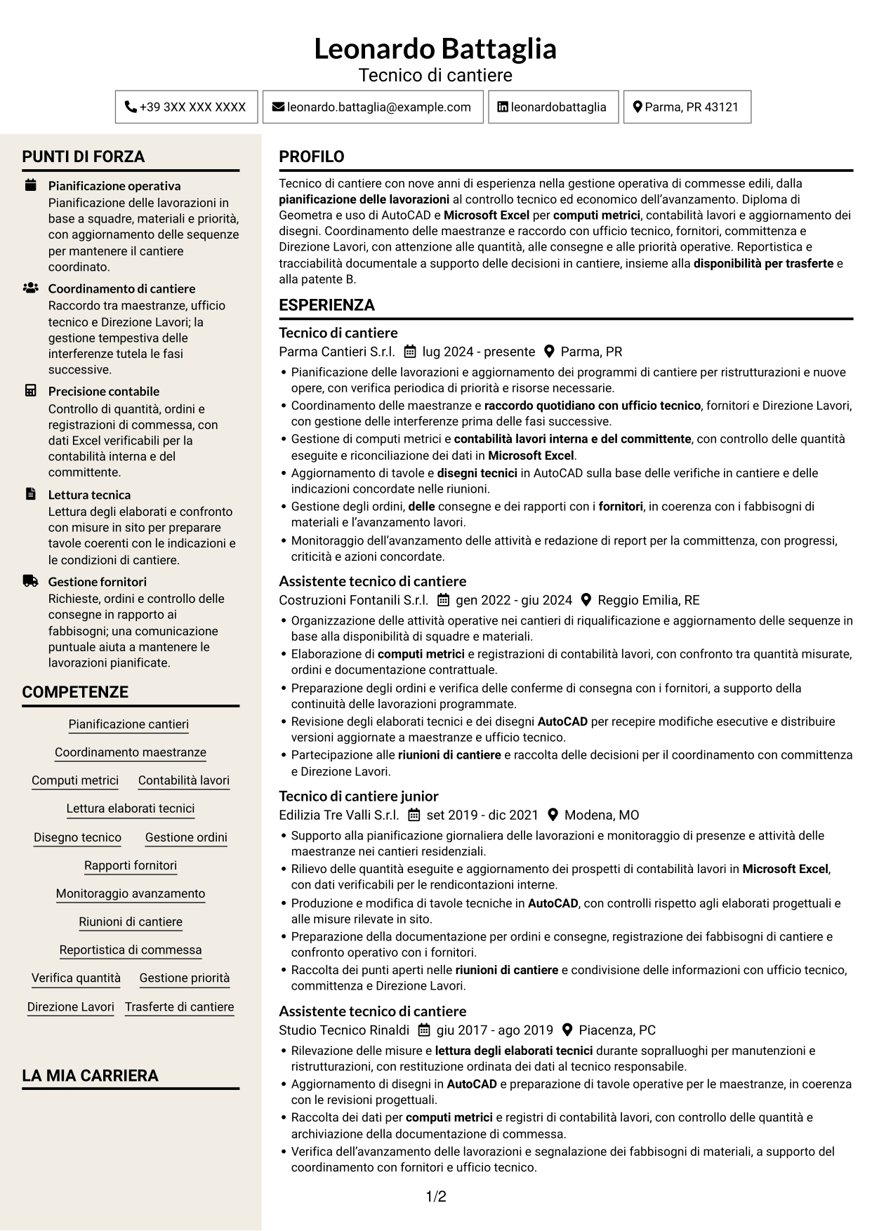 CV Intraprendente (formato a due colonne con intestazione centrata senza foto): Tecnico di cantiere - Gestione commesse edili, pagina 1