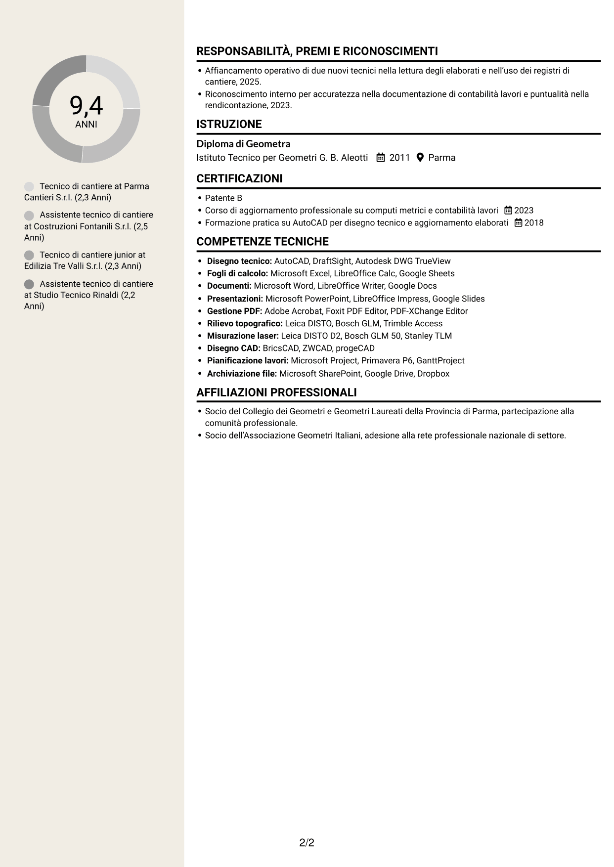 CV Intraprendente (formato a due colonne con intestazione centrata senza foto): Tecnico di cantiere - Gestione commesse edili, pagina 2
