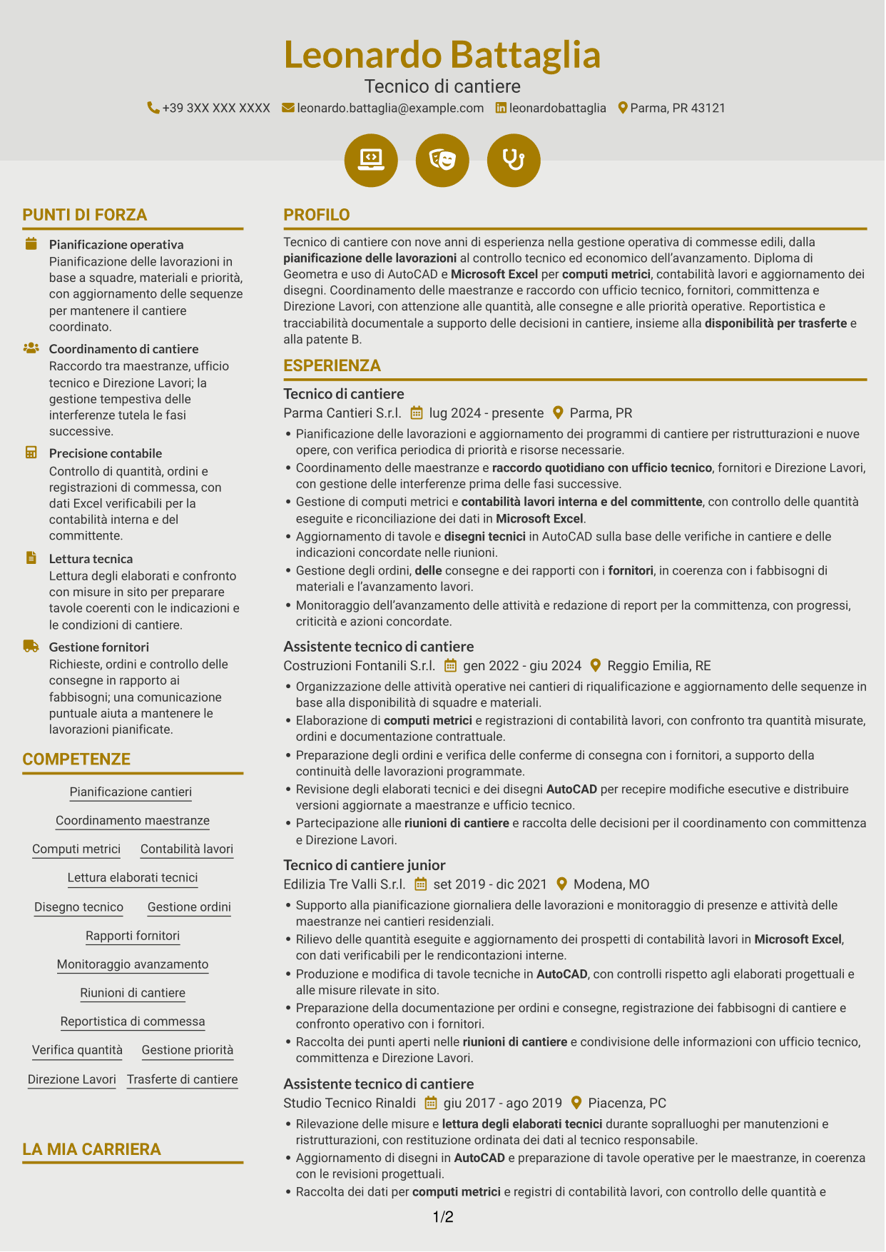 CV Dinamico (formato a due colonne con icone): Tecnico di cantiere - Gestione commesse edili, pagina 1