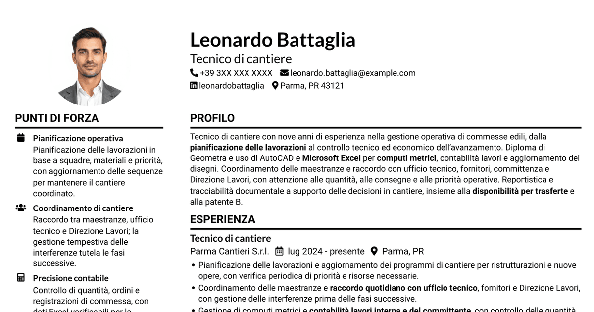 7 modelli di CV per Tecnico di cantiere - Gestione commesse edili, con esempi