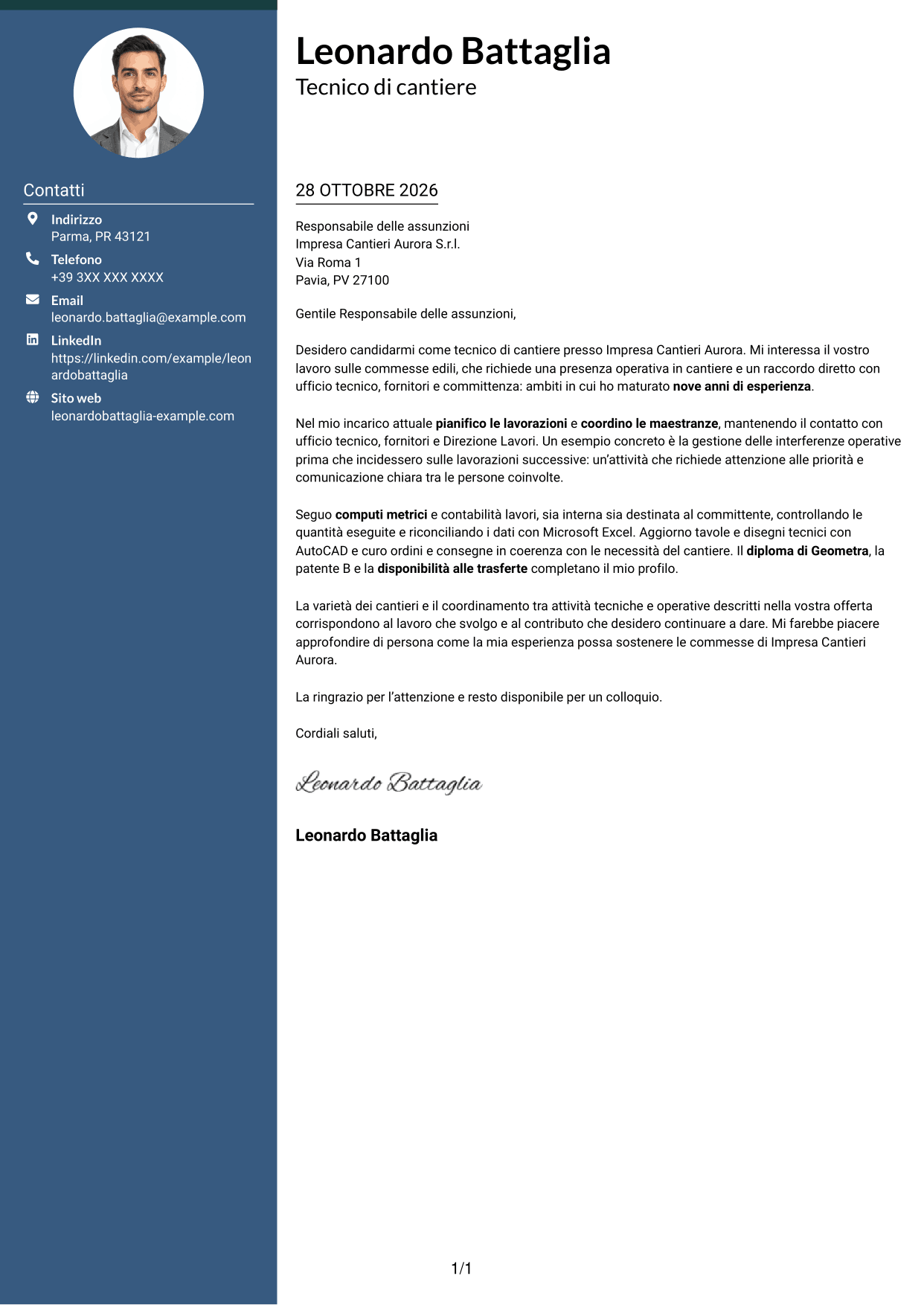 Lettera di presentazione Elegante (formato con colonna laterale colorata e foto): Tecnico di cantiere - Gestione commesse edili, pagina 1