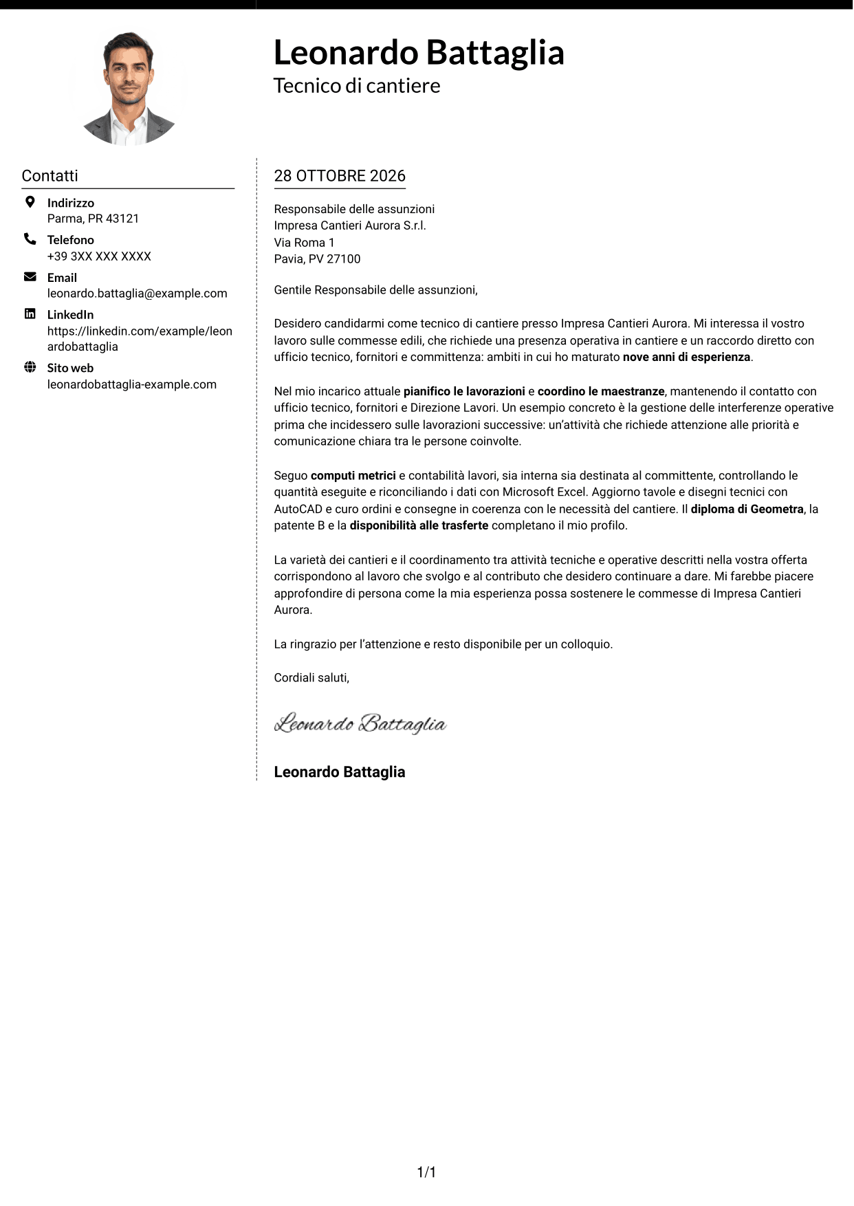 Lettera di presentazione Moderno (formato a due colonne con foto a sinistra e separatore): Tecnico di cantiere - Gestione commesse edili, pagina 1