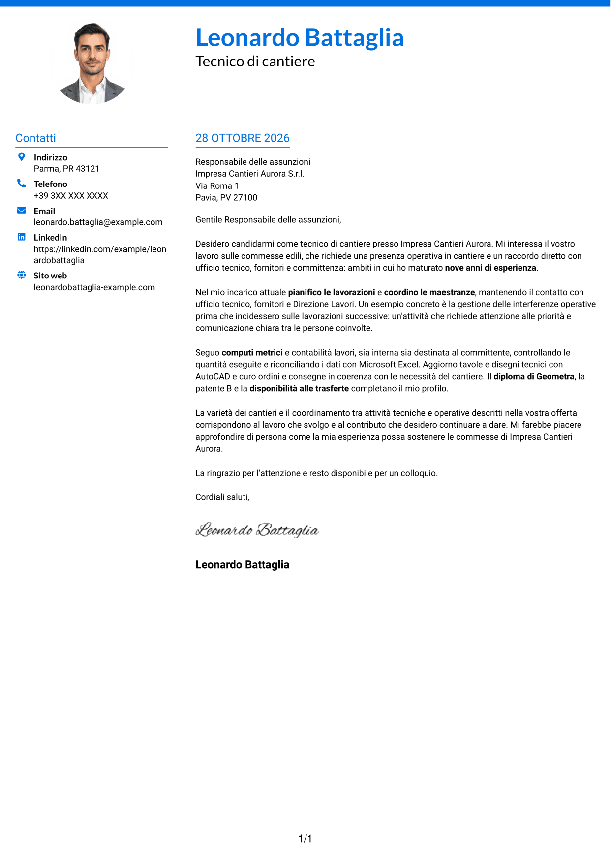 Lettera di presentazione Audace (formato a due colonne con accenti colorati e foto): Tecnico di cantiere - Gestione commesse edili, pagina 1
