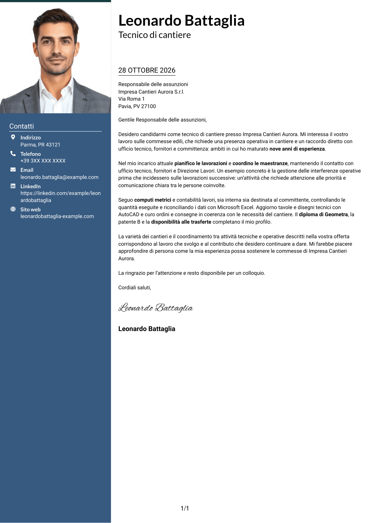 Lettera di presentazione Signature (formato con colonna laterale colorata e foto grande): Tecnico di cantiere - Gestione commesse edili, pagina 1