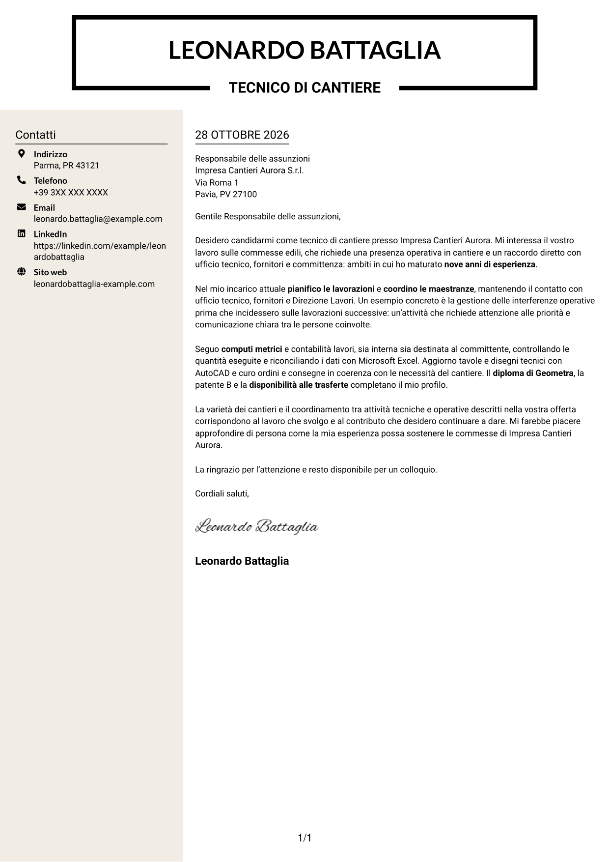 Lettera di presentazione Intraprendente (formato a due colonne con intestazione centrata senza foto): Tecnico di cantiere - Gestione commesse edili, pagina 1