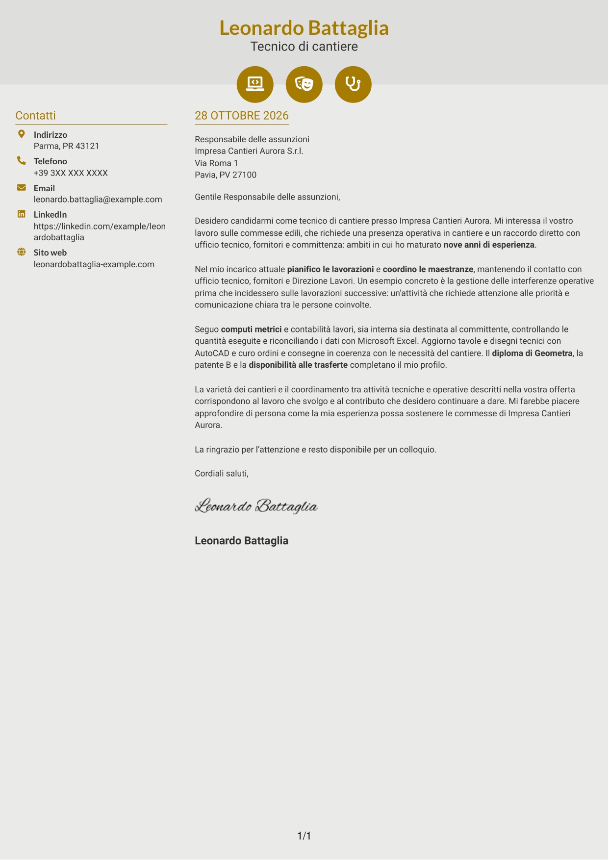 Lettera di presentazione Dinamico (formato a due colonne con icone): Tecnico di cantiere - Gestione commesse edili, pagina 1