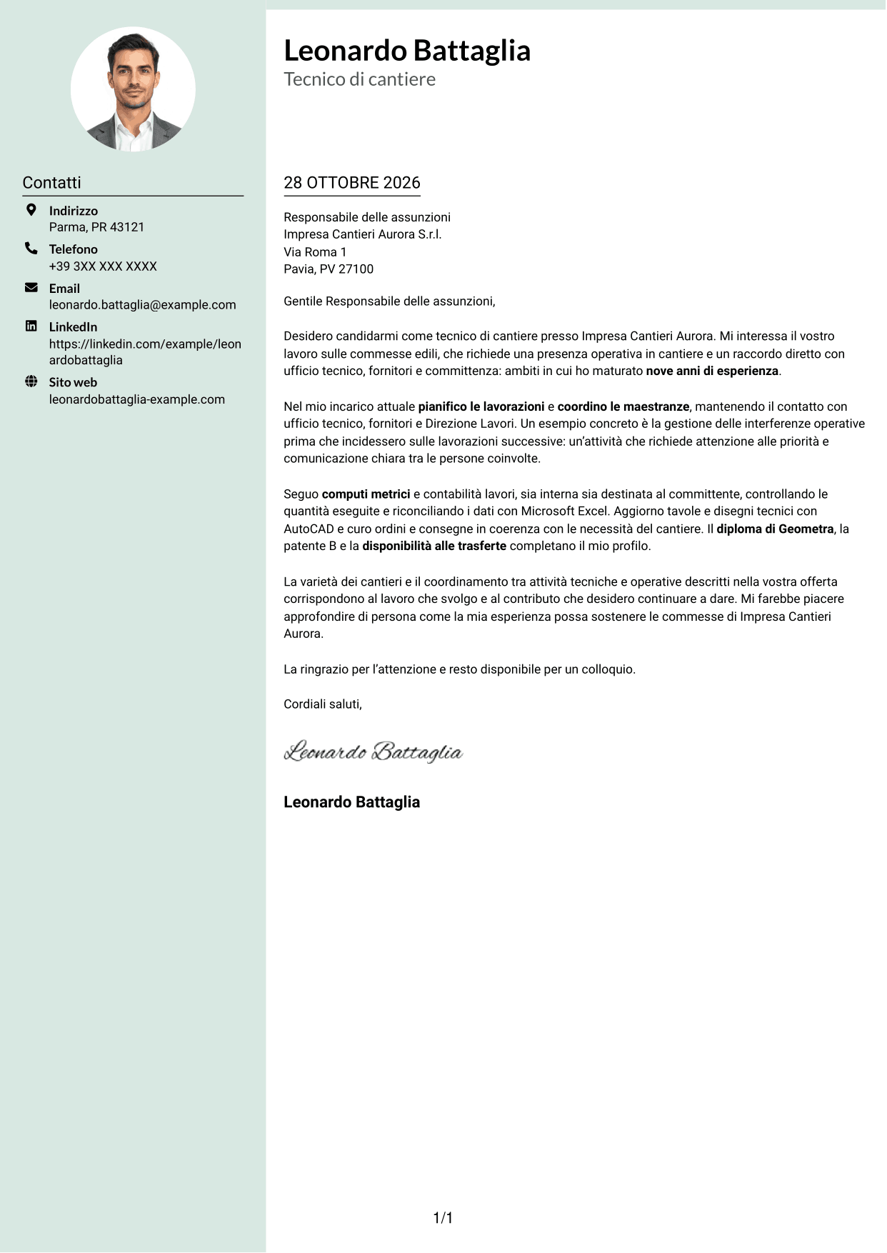 Lettera di presentazione Dirigente (formato con colonna laterale tenue e foto arrotondata): Tecnico di cantiere - Gestione commesse edili, pagina 1