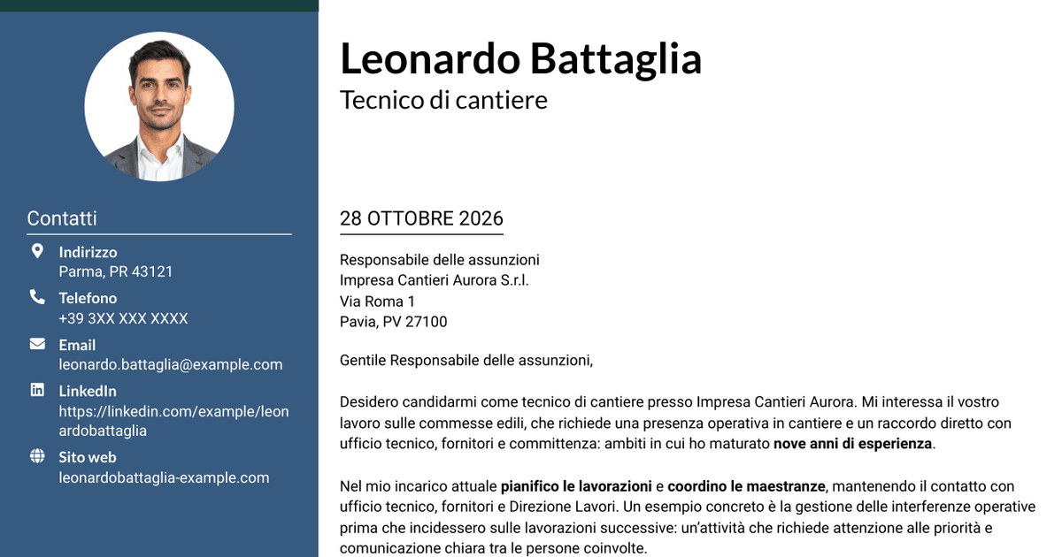 7 modelli di lettera di presentazione per Tecnico di cantiere - Gestione commesse edili, con esempi