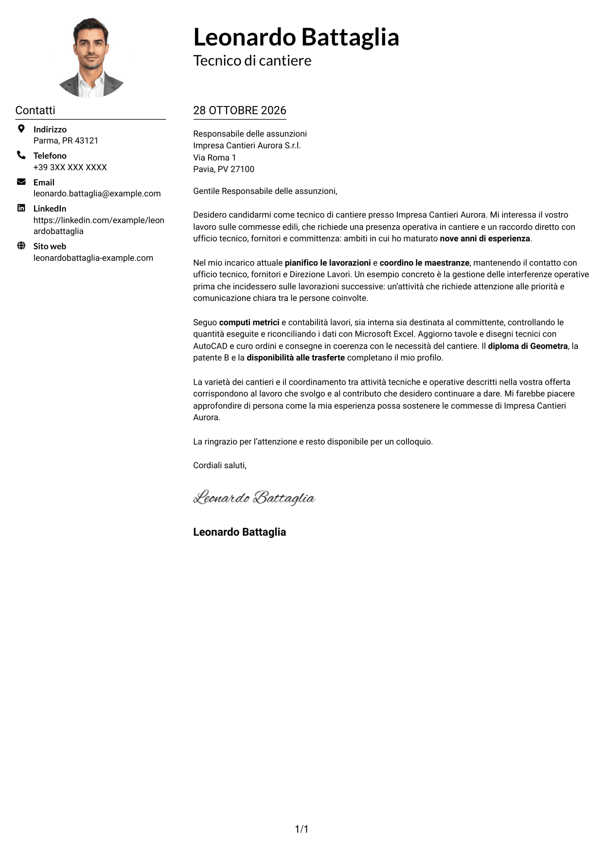 Esempio di lettera di presentazione — pagina 1