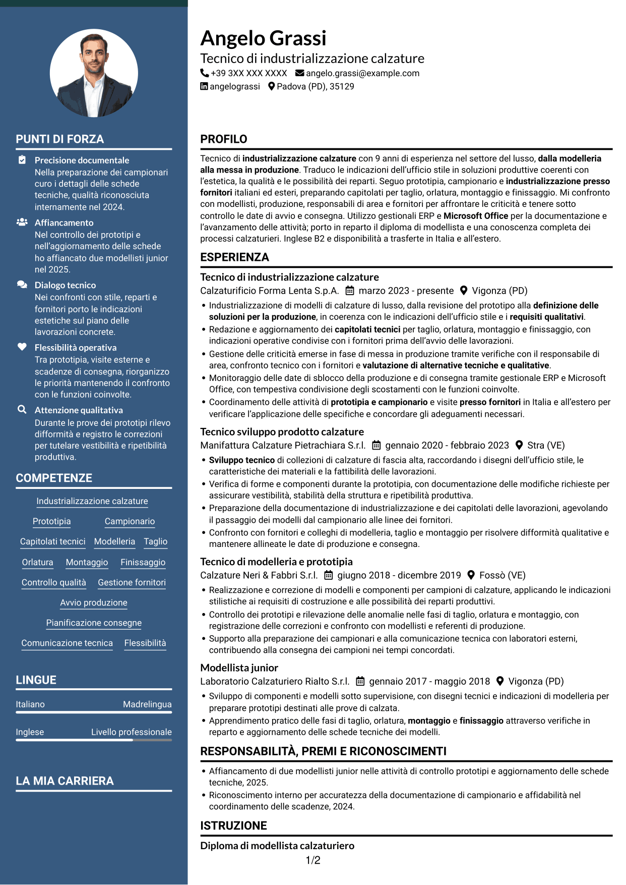 CV Elegante (formato con colonna laterale colorata e foto): Tecnico di industrializzazione calzature - Struttura del prodotto, pagina 1