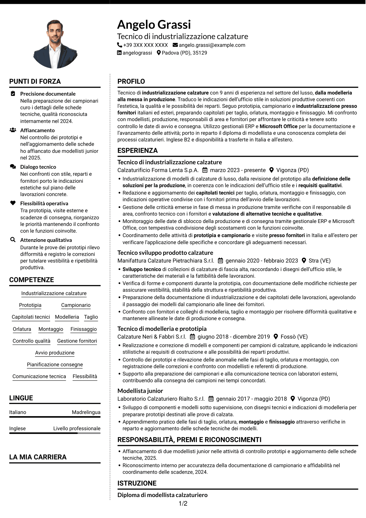 CV Moderno (formato a due colonne con foto a sinistra e separatore): Tecnico di industrializzazione calzature - Struttura del prodotto, pagina 1