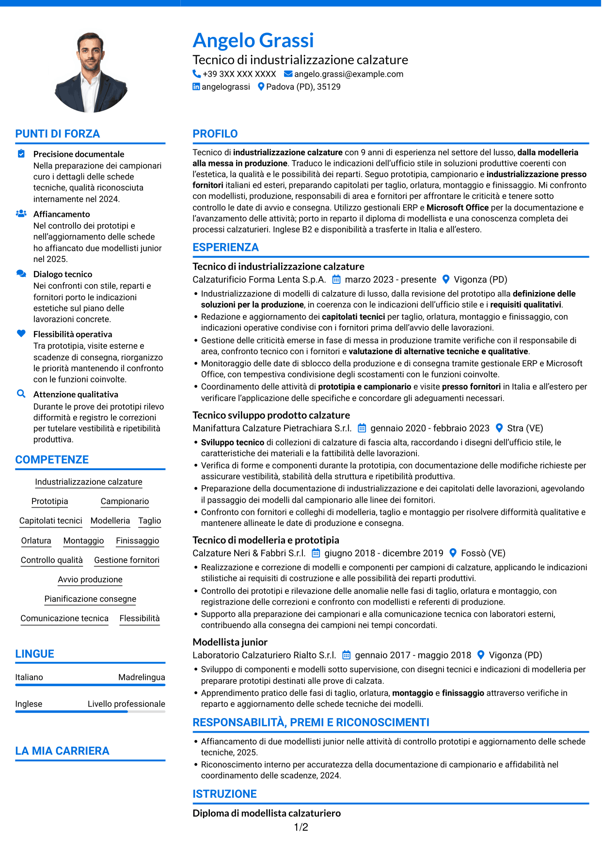 CV Audace (formato a due colonne con accenti colorati e foto): Tecnico di industrializzazione calzature - Struttura del prodotto, pagina 1