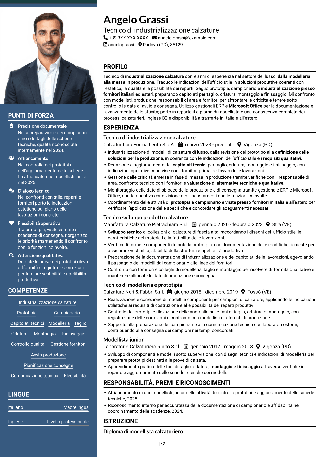 CV Signature (formato con colonna laterale colorata e foto grande): Tecnico di industrializzazione calzature - Struttura del prodotto, pagina 1
