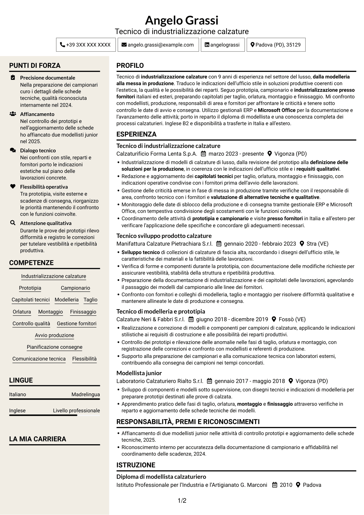 CV Intraprendente (formato a due colonne con intestazione centrata senza foto): Tecnico di industrializzazione calzature - Struttura del prodotto, pagina 1