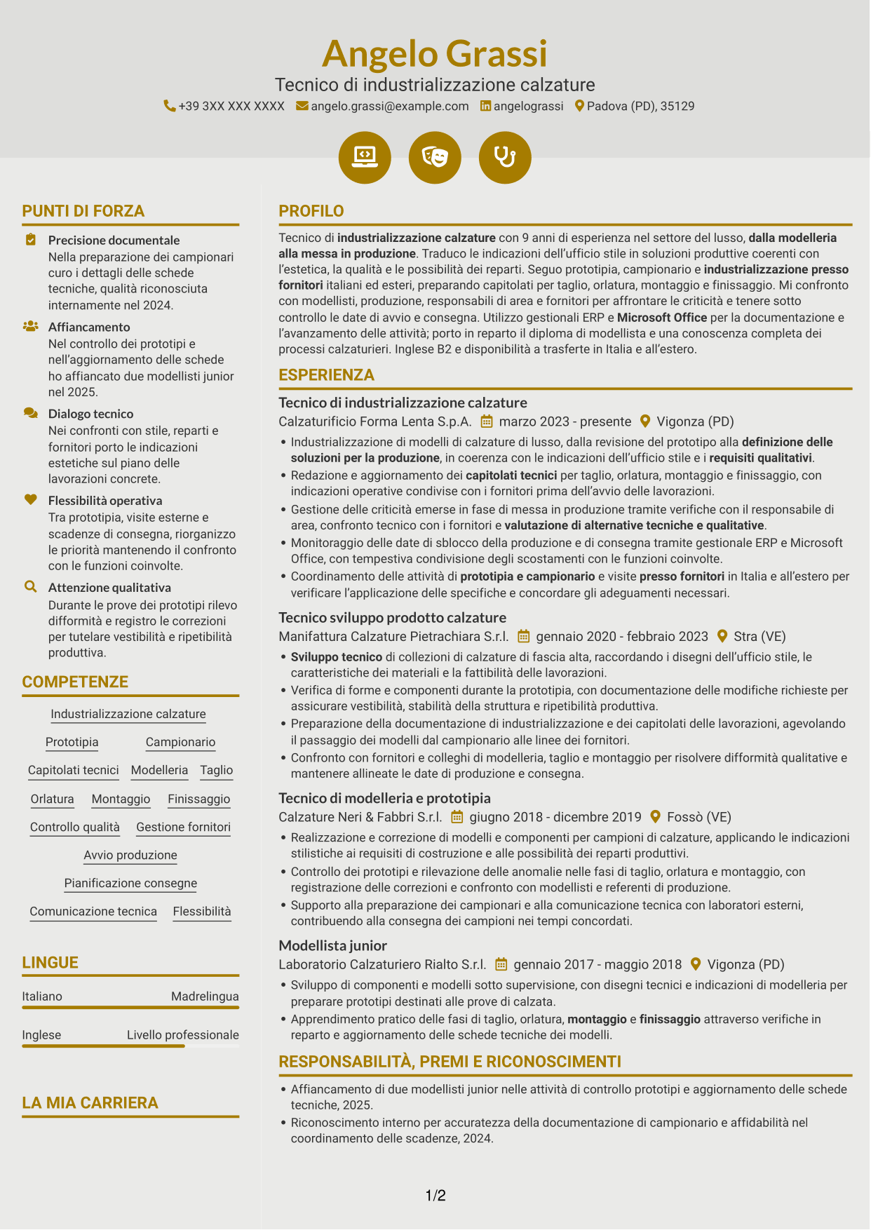 CV Dinamico (formato a due colonne con icone): Tecnico di industrializzazione calzature - Struttura del prodotto, pagina 1