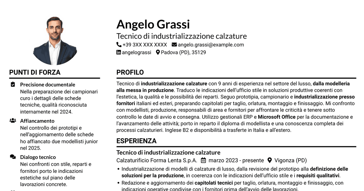 7 modelli di CV per Tecnico di industrializzazione calzature - Struttura del prodotto, con esempi