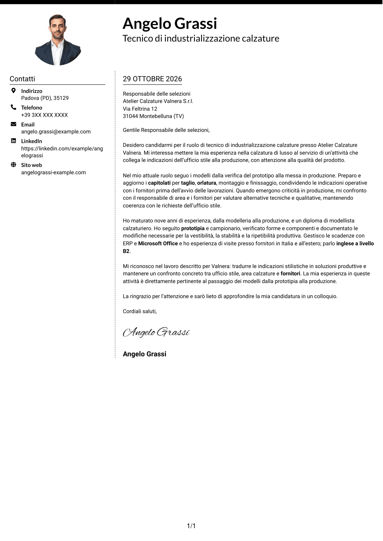 Lettera di presentazione Moderno (formato a due colonne con foto a sinistra e separatore): Tecnico di industrializzazione calzature - Struttura del prodotto, pagina 1