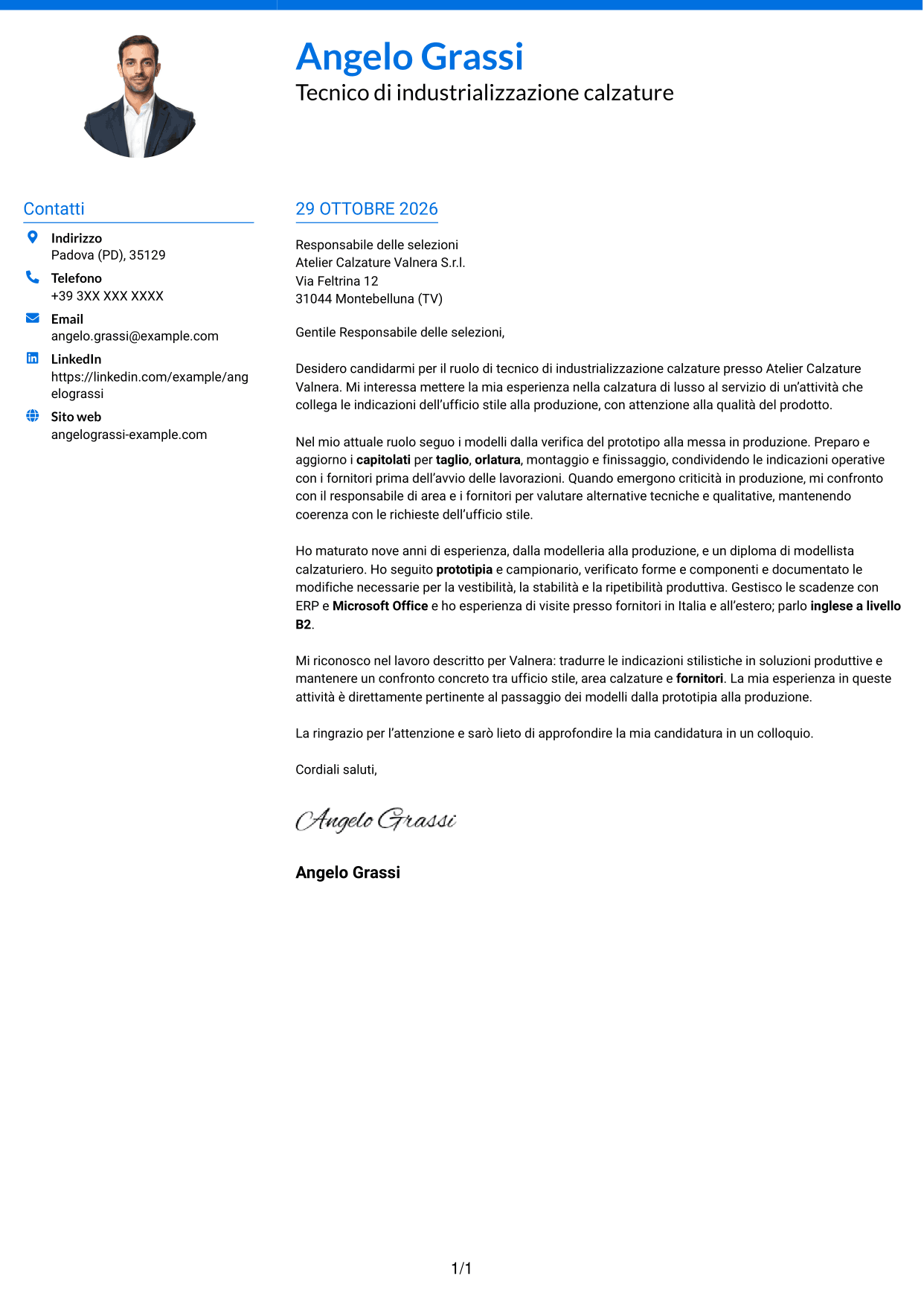 Lettera di presentazione Audace (formato a due colonne con accenti colorati e foto): Tecnico di industrializzazione calzature - Struttura del prodotto, pagina 1