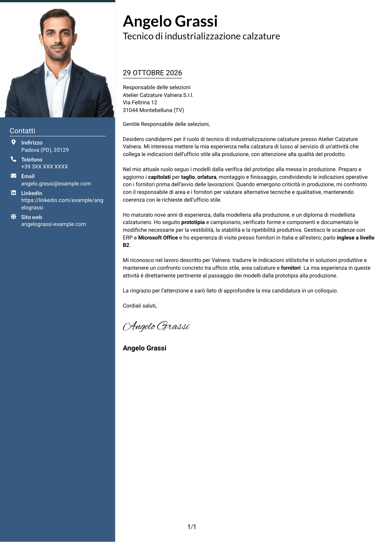 Lettera di presentazione Signature (formato con colonna laterale colorata e foto grande): Tecnico di industrializzazione calzature - Struttura del prodotto, pagina 1