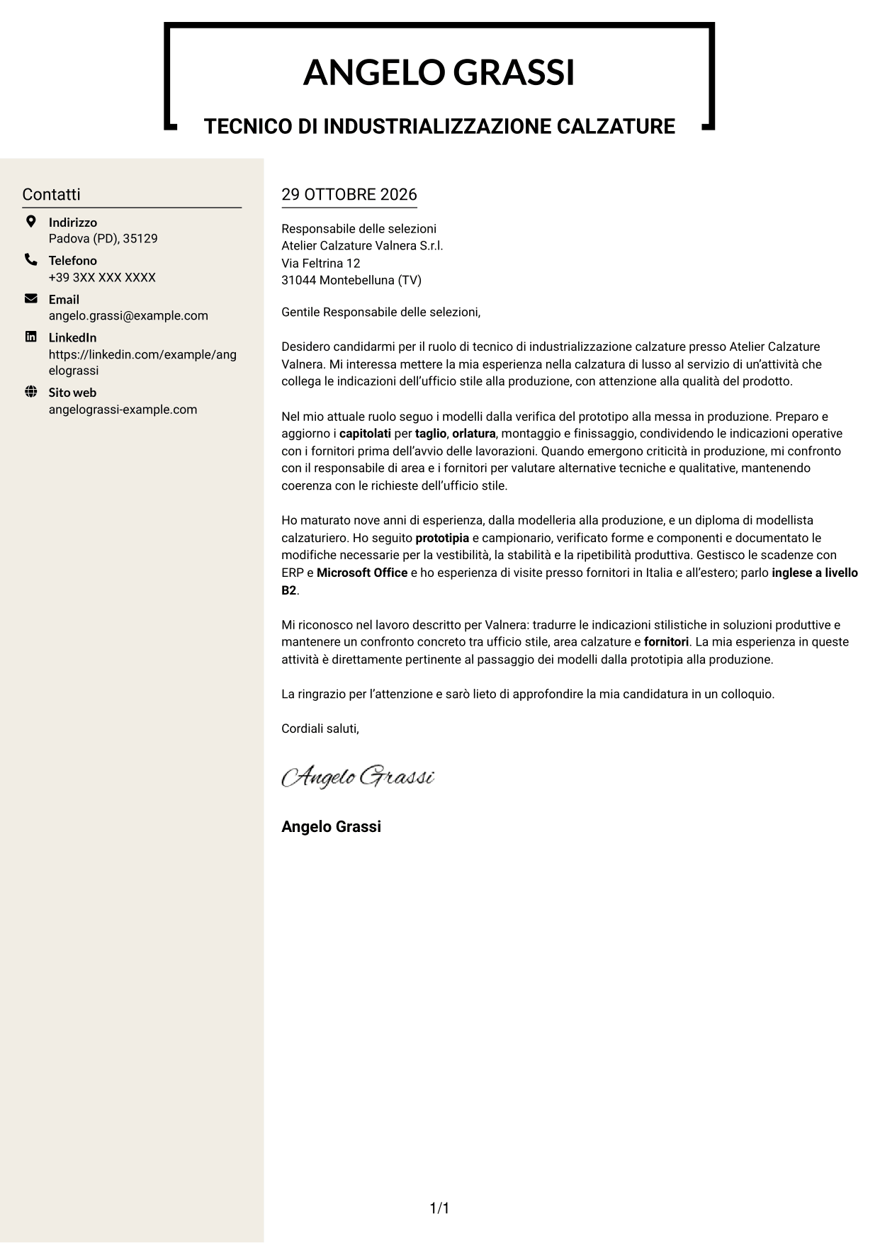 Lettera di presentazione Intraprendente (formato a due colonne con intestazione centrata senza foto): Tecnico di industrializzazione calzature - Struttura del prodotto, pagina 1