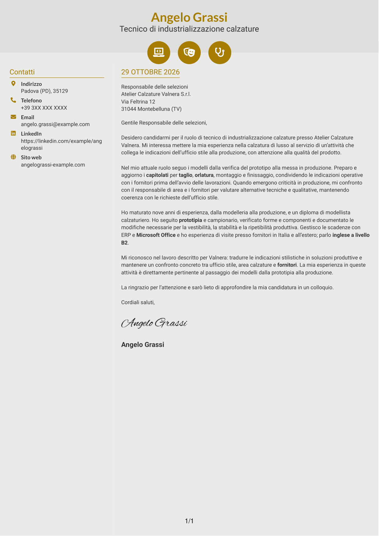 Lettera di presentazione Dinamico (formato a due colonne con icone): Tecnico di industrializzazione calzature - Struttura del prodotto, pagina 1
