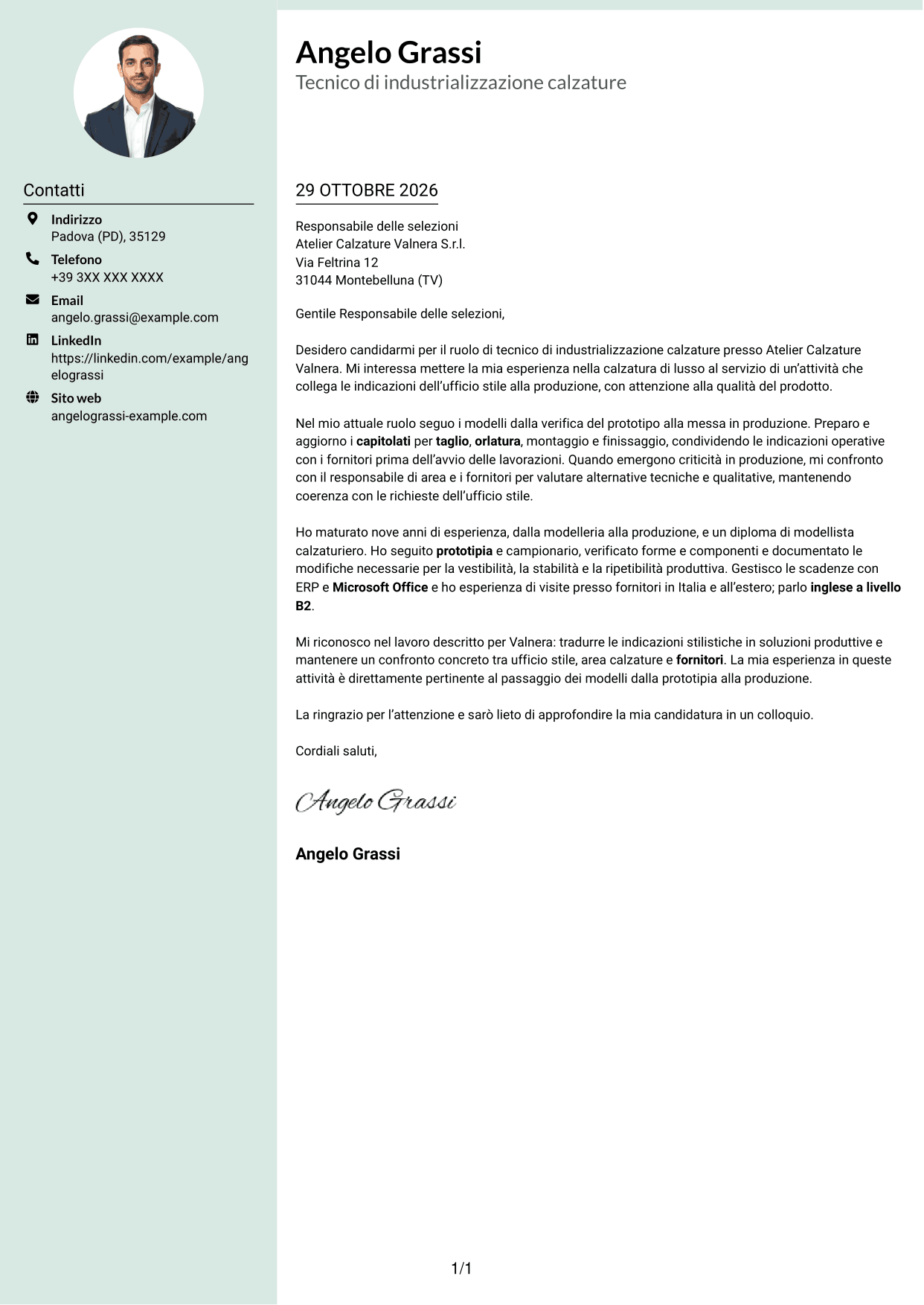 Lettera di presentazione Dirigente (formato con colonna laterale tenue e foto arrotondata): Tecnico di industrializzazione calzature - Struttura del prodotto, pagina 1