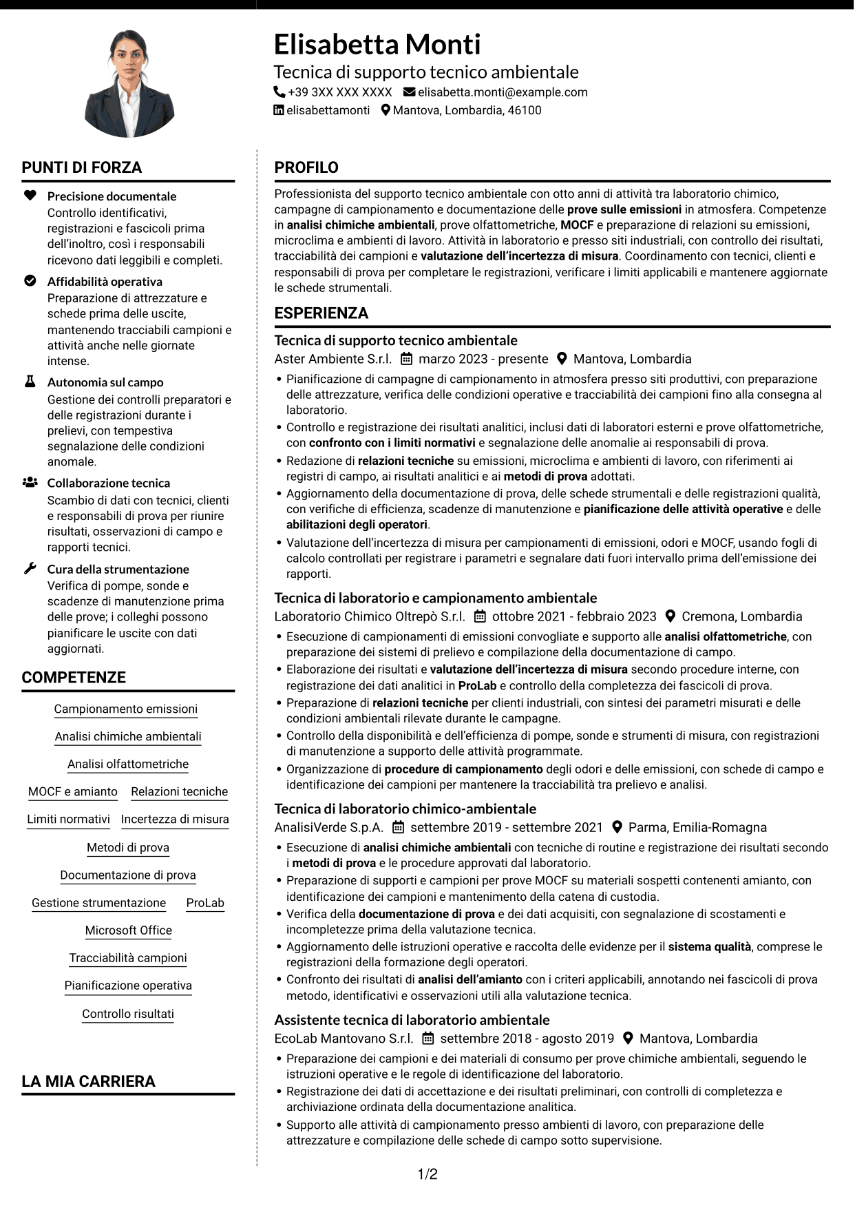 CV Moderno (formato a due colonne con foto a sinistra e separatore): Tecnico di supporto tecnico sul campo - Emissioni in atmosfera, pagina 1