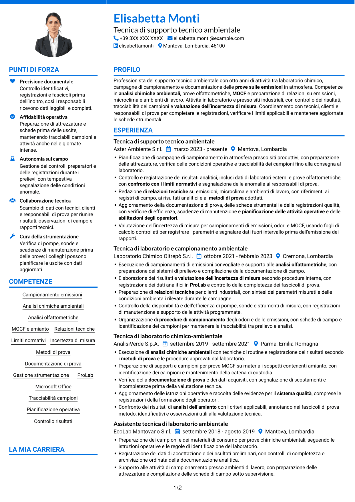 CV Audace (formato a due colonne con accenti colorati e foto): Tecnico di supporto tecnico sul campo - Emissioni in atmosfera, pagina 1