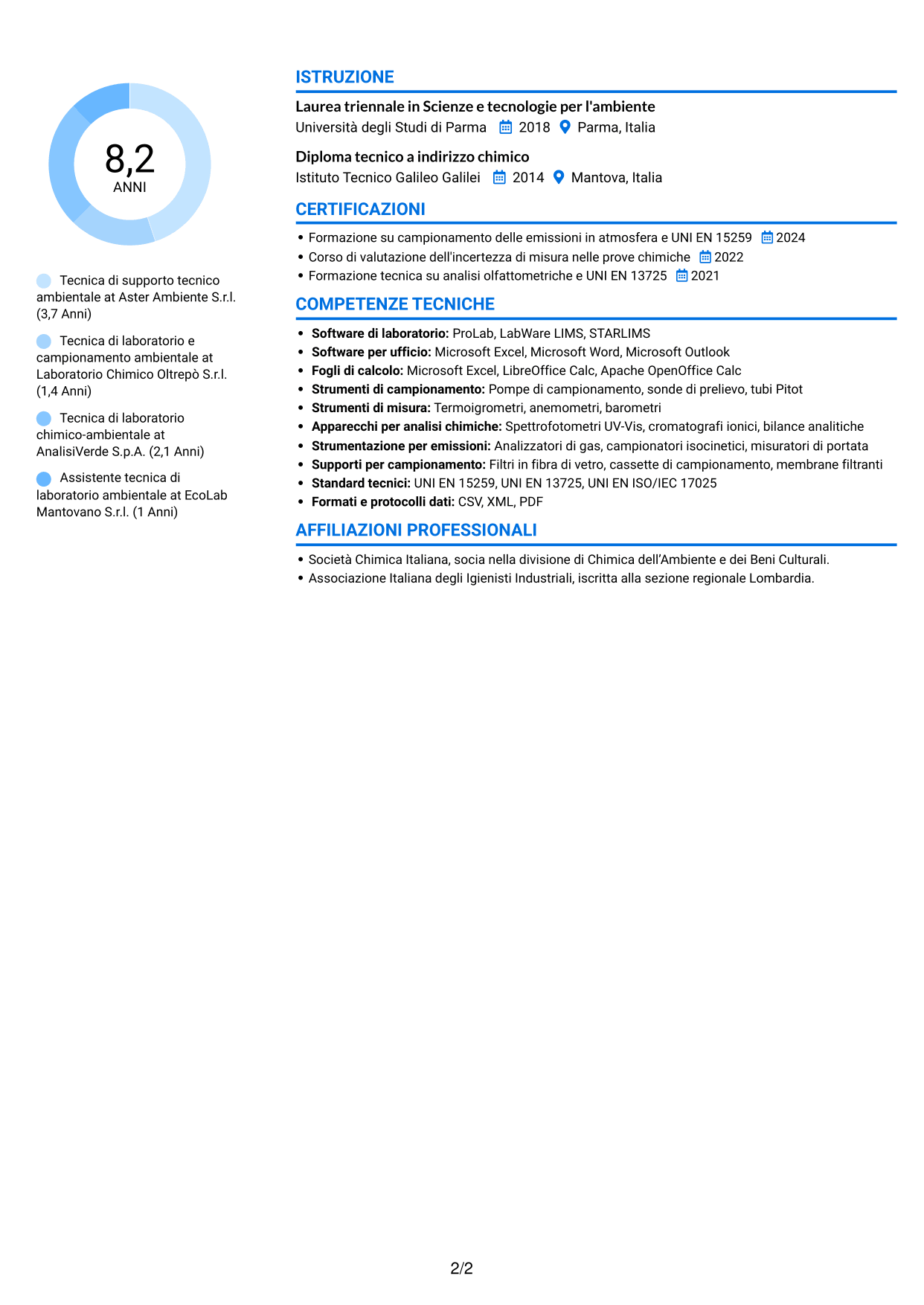 CV Audace (formato a due colonne con accenti colorati e foto): Tecnico di supporto tecnico sul campo - Emissioni in atmosfera, pagina 2