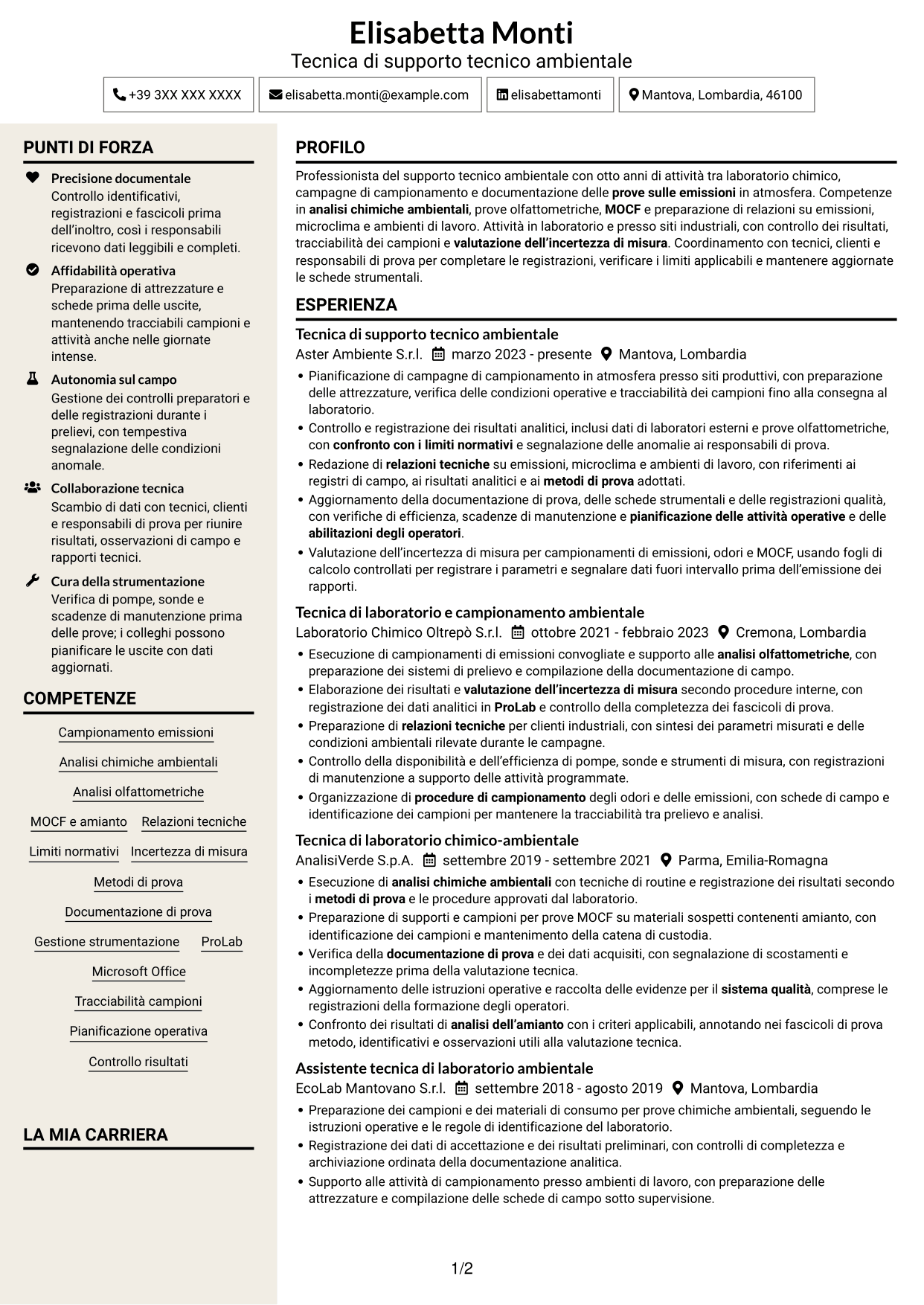 CV Intraprendente (formato a due colonne con intestazione centrata senza foto): Tecnico di supporto tecnico sul campo - Emissioni in atmosfera, pagina 1