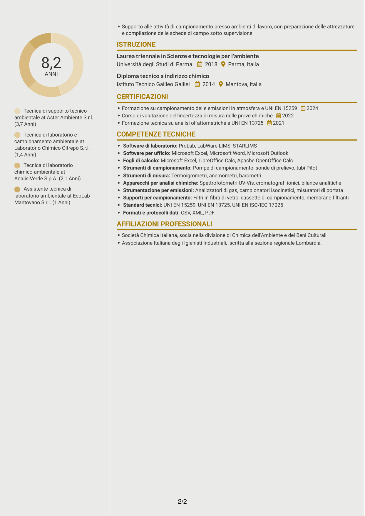CV Dinamico (formato a due colonne con icone): Tecnico di supporto tecnico sul campo - Emissioni in atmosfera, pagina 2