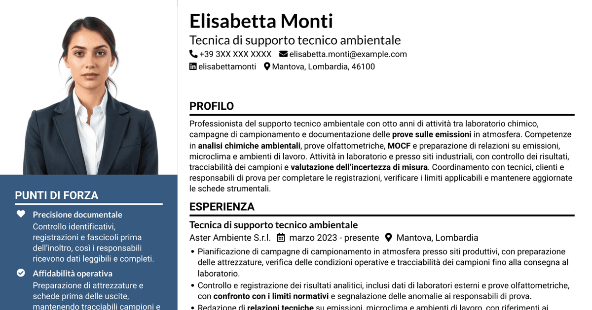 7 modelli di CV per Tecnico di supporto tecnico sul campo - Emissioni in atmosfera, con esempi