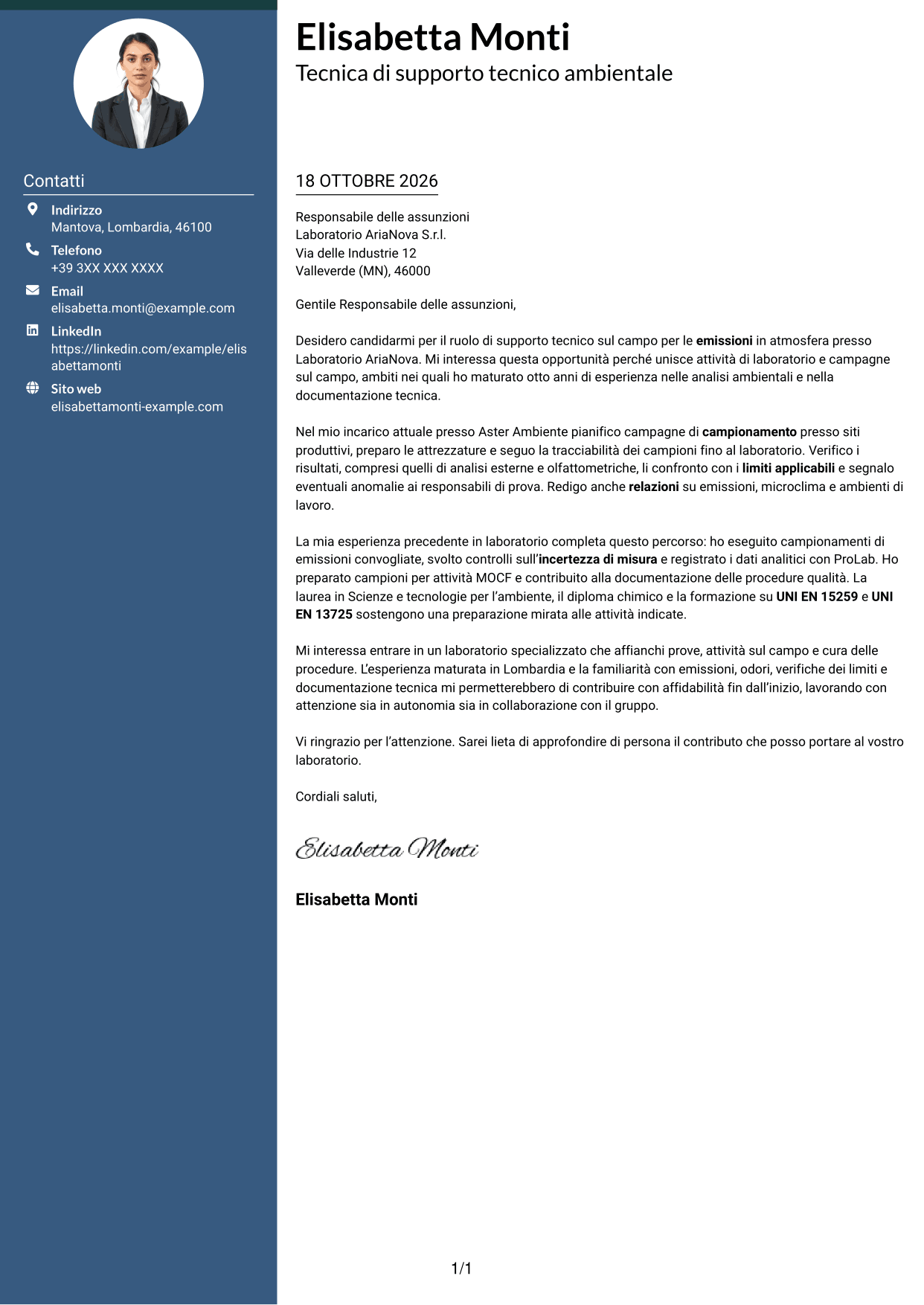 Lettera di presentazione Elegante (formato con colonna laterale colorata e foto): Tecnico di supporto tecnico sul campo - Emissioni in atmosfera, pagina 1