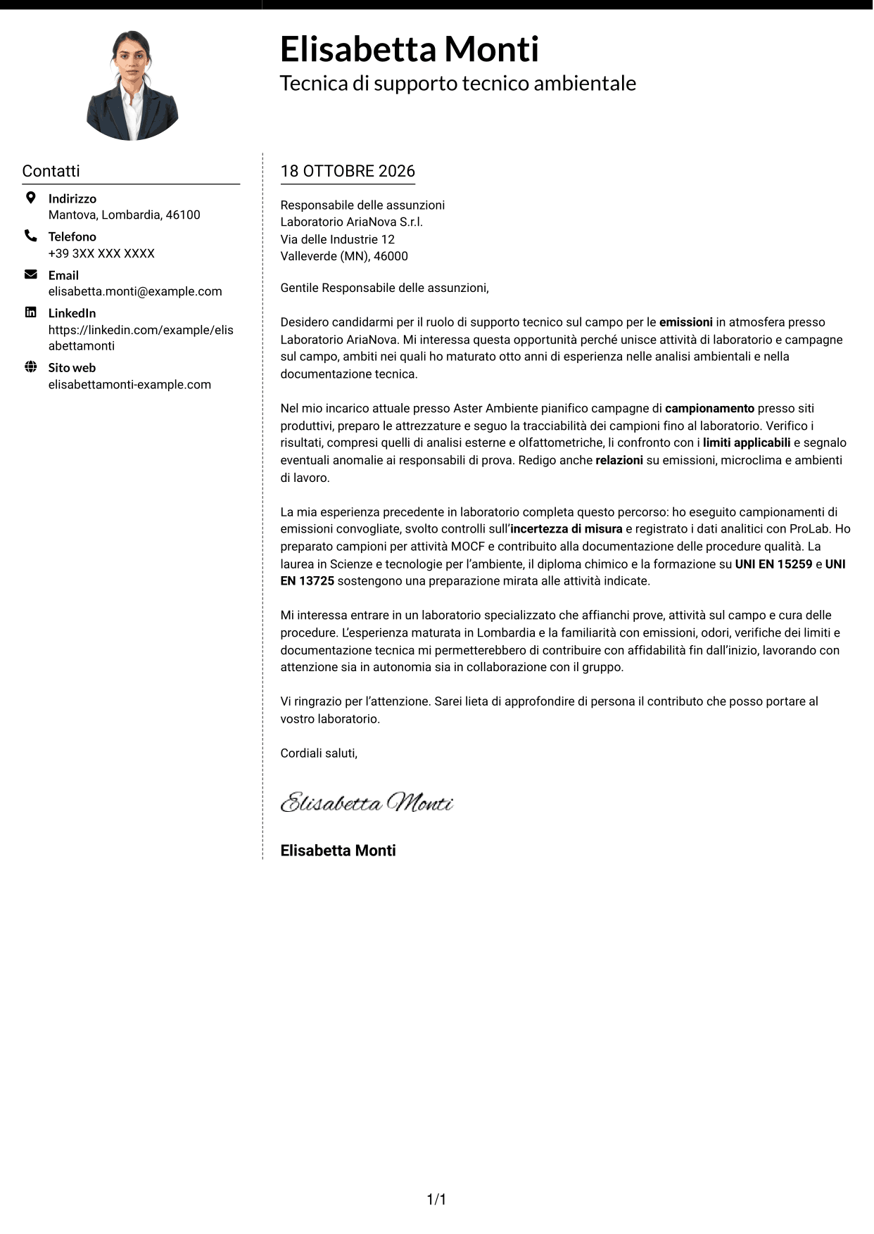 Lettera di presentazione Moderno (formato a due colonne con foto a sinistra e separatore): Tecnico di supporto tecnico sul campo - Emissioni in atmosfera, pagina 1