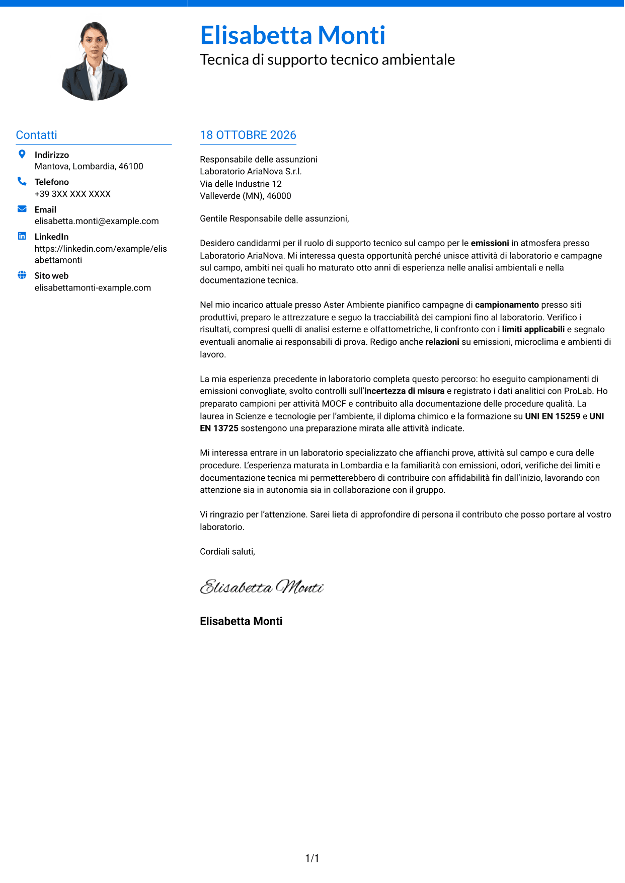 Lettera di presentazione Audace (formato a due colonne con accenti colorati e foto): Tecnico di supporto tecnico sul campo - Emissioni in atmosfera, pagina 1
