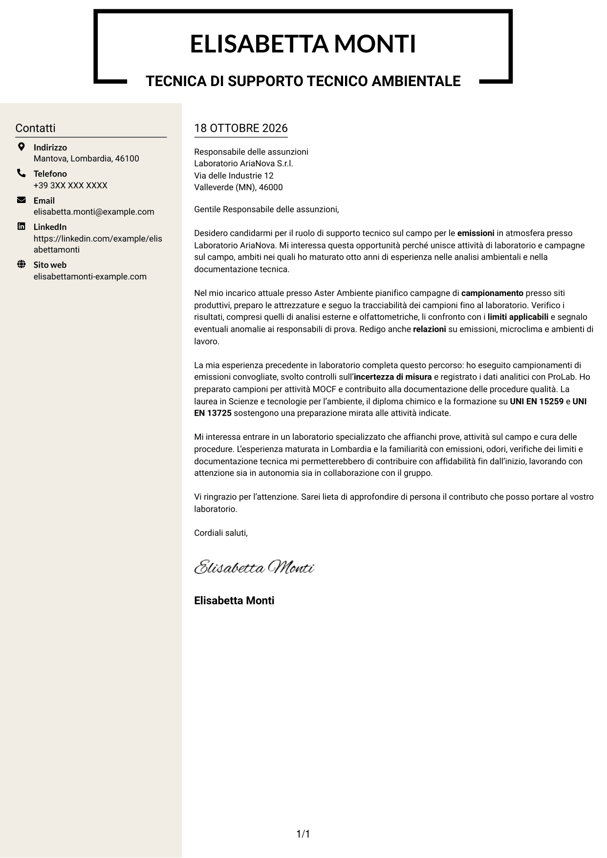 Lettera di presentazione Intraprendente (formato a due colonne con intestazione centrata senza foto): Tecnico di supporto tecnico sul campo - Emissioni in atmosfera, pagina 1