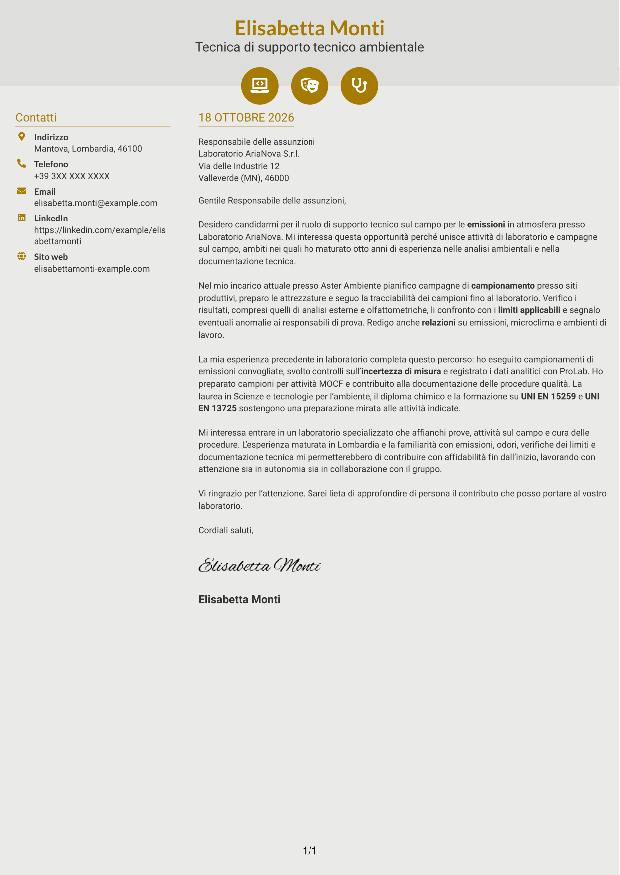 Lettera di presentazione Dinamico (formato a due colonne con icone): Tecnico di supporto tecnico sul campo - Emissioni in atmosfera, pagina 1