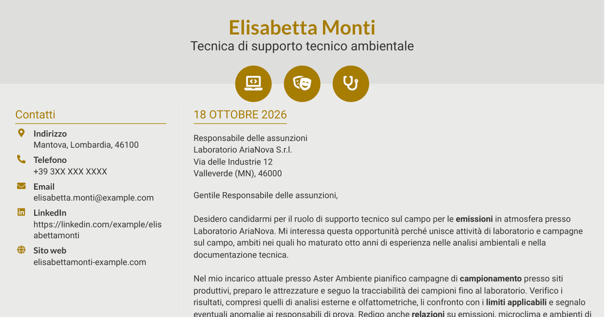 7 modelli di lettera di presentazione per Tecnico di supporto tecnico sul campo - Emissioni in atmosfera, con esempi