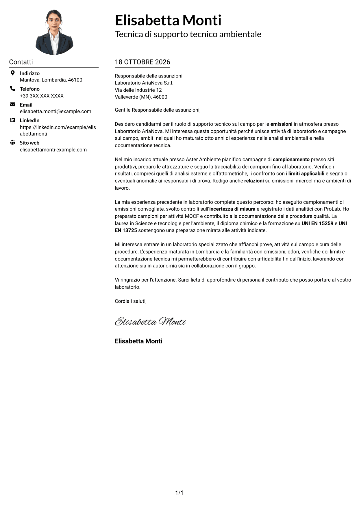 Esempio di lettera di presentazione — pagina 1